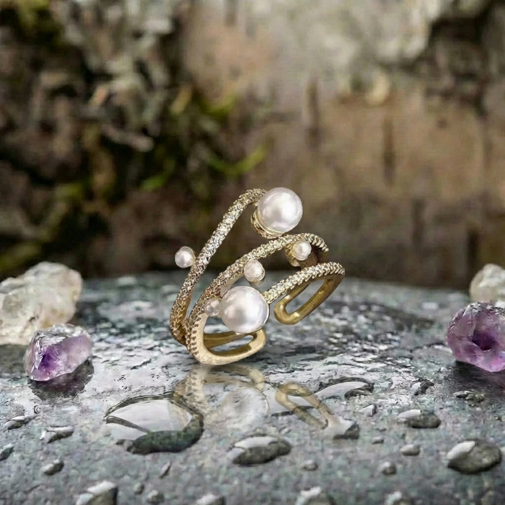 Exquisite Three Layer Pearl Gold Adjustable Ring