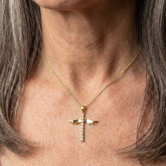 Gold Angelic Winged Cross Pendant Necklace