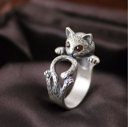 Adjustable Hand Painted Cat Ring In 925 Sterling Silver