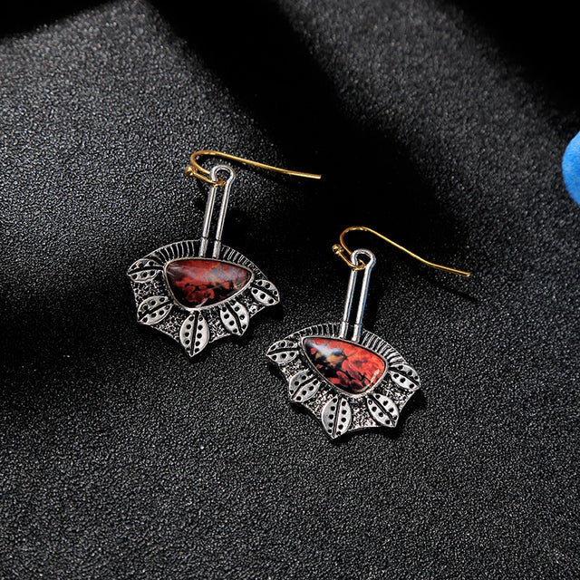 Red Stone Irregular Earrings In Silver