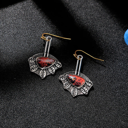 Red Stone Irregular Earrings In Silver