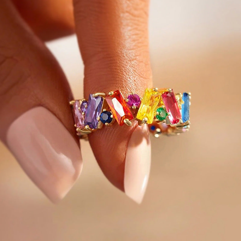 Elegant Rainbow Baguette Eternity Band Ring