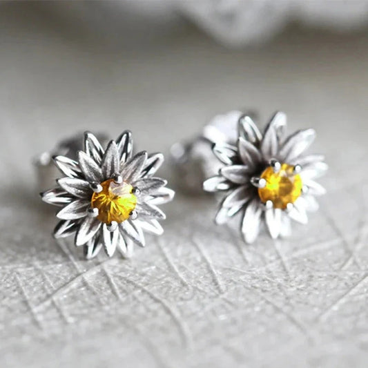 Orange Crystal Silvered Flower Earrings