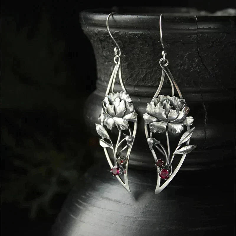Boho Floral Earrings With Crystals In Sterling Silver