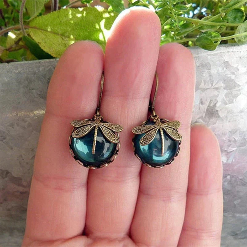 Spherical Dragonfly Earrings In Antique Gold