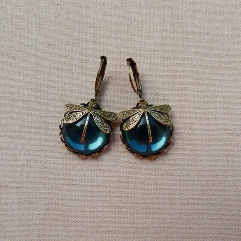 Spherical Dragonfly Earrings In Antique Gold