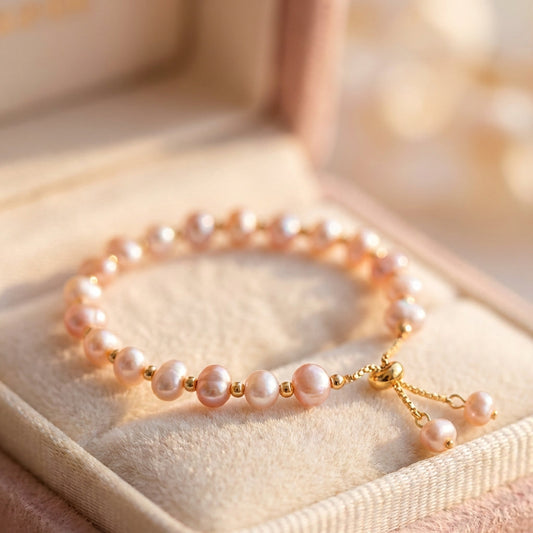 Pink Pearls In Gold Bracelet