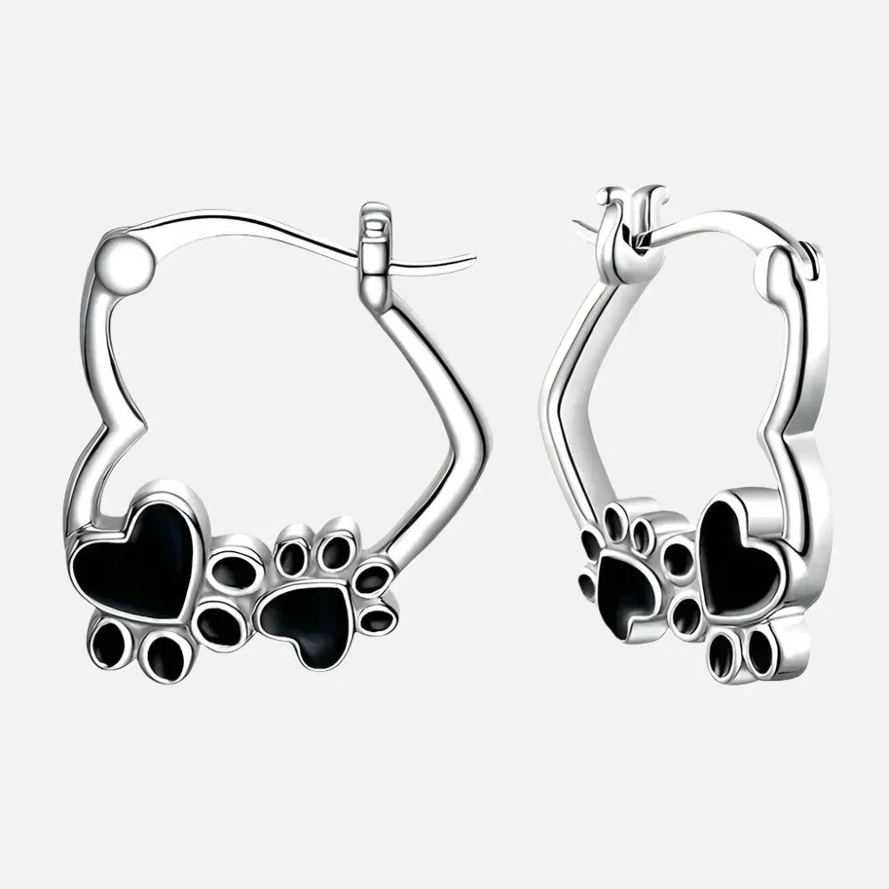 Heart Paw Huggie Earrings With Black Enamel