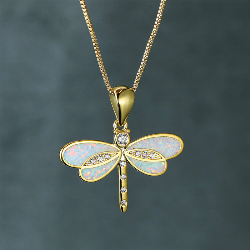 Dragonfly Necklace In Gold With Opal