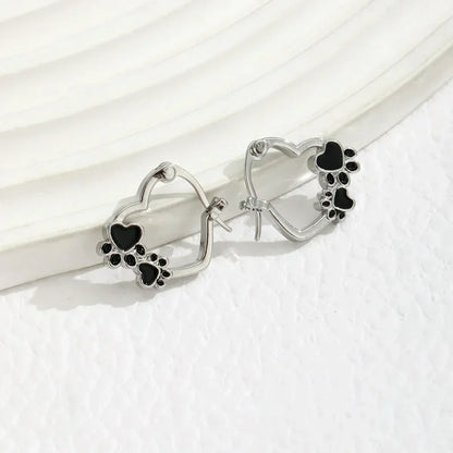 Heart Paw Huggie Earrings With Black Enamel
