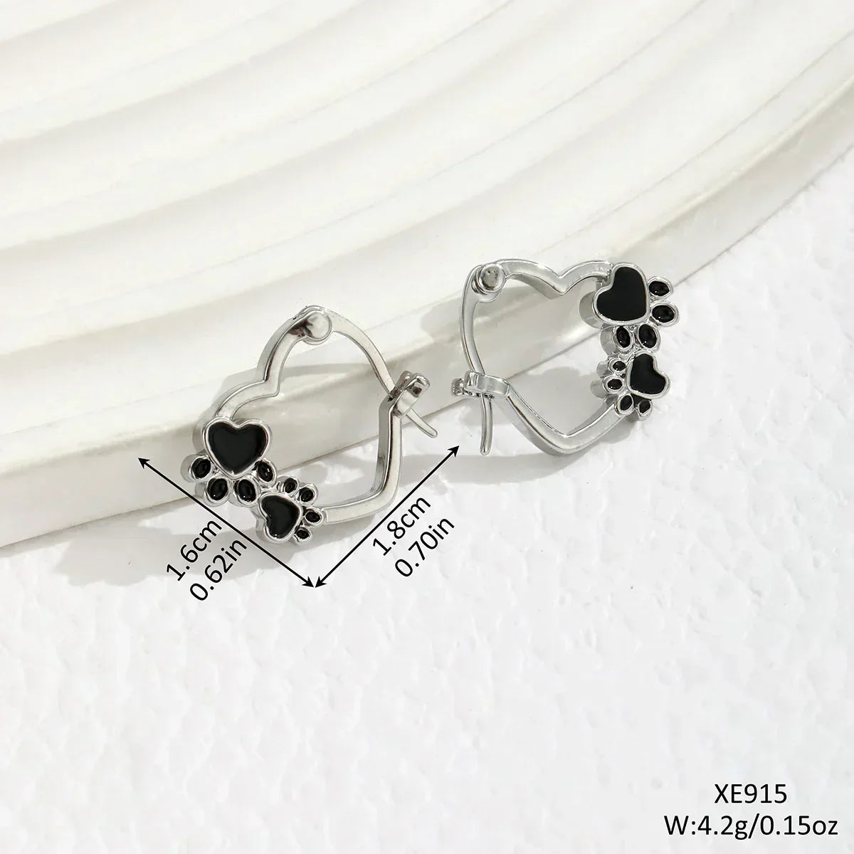 Heart Paw Huggie Earrings With Black Enamel
