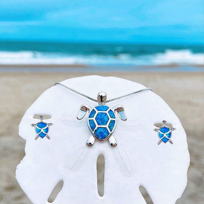 Sea Turtle Necklace + Earrings Set In Opal And Silver Sustainable Ocean Inspired