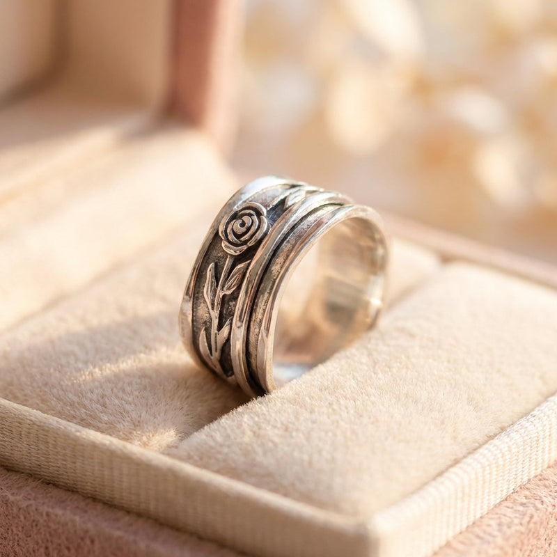 Silver Floral Engraved Statement Ring
