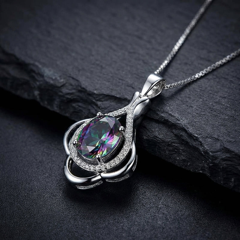 Silver Multicolor Gem Pendant Necklace