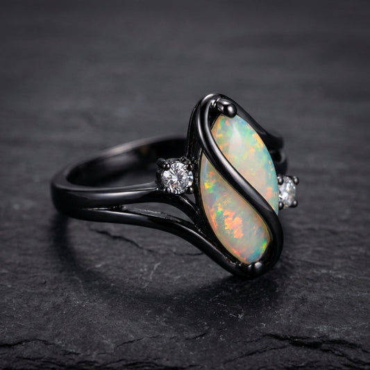 Vintage Black Silver Opal & Crystal Accent Ring