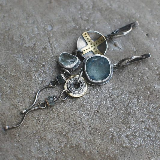 Vintage Blue Stone Cross Earrings