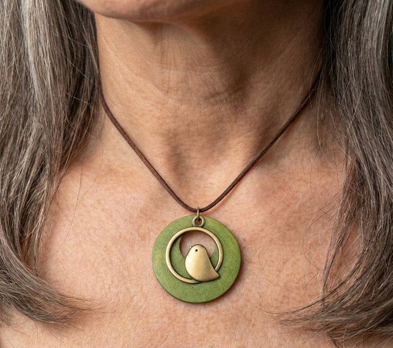 A Green Wood Bird Pendant Long Necklace