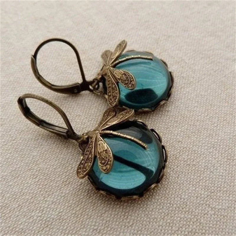 Vintage Dragonfly Teal Glass Drop Earrings