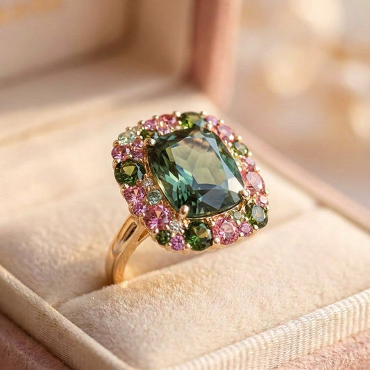Vintage Green & Pink Crystal Ring