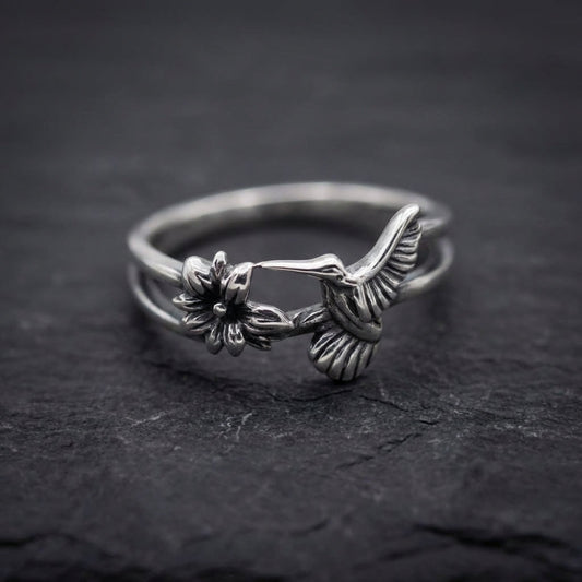 Vintage Hummingbird Flower Silver Ring