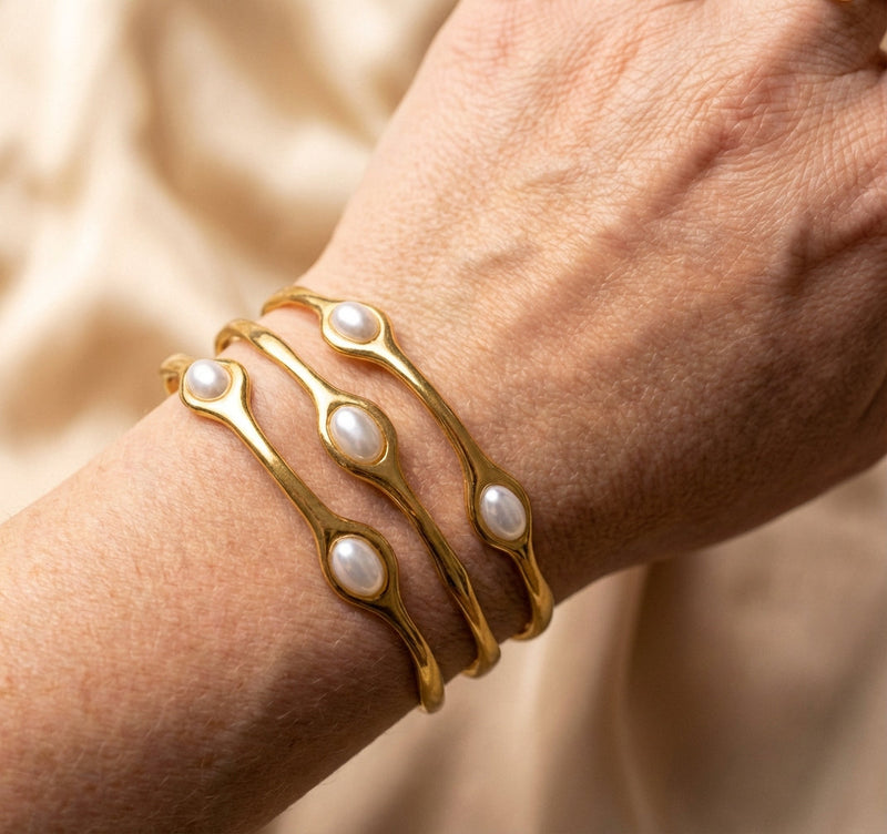 A Layered Gold Pearl Bangle Bracelet