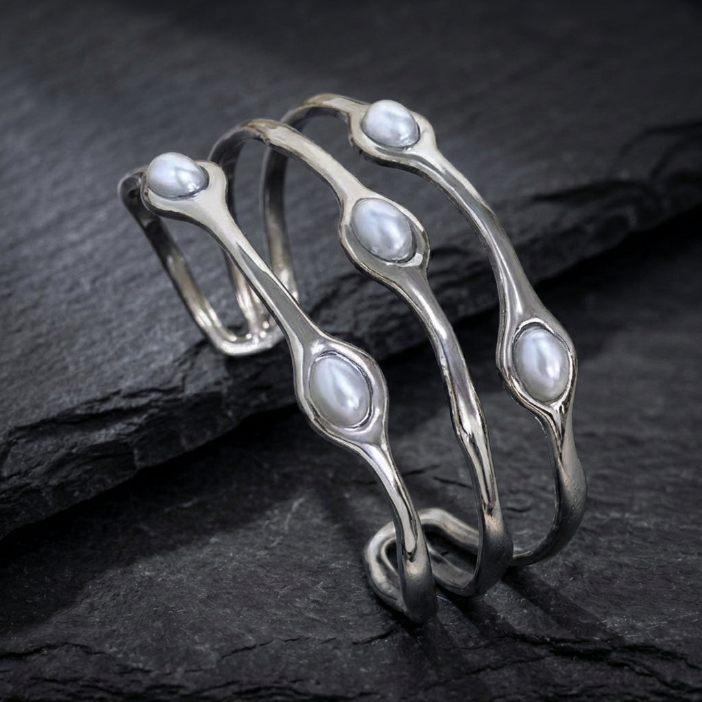 Vintage Layered Silver Pearl Bangle Bracelet