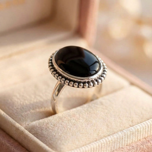 Vintage Silver Color Oval Black Stone Ring