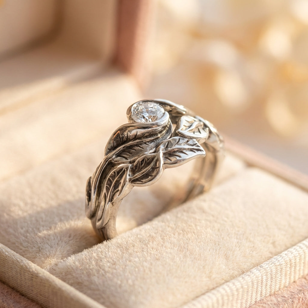 Vintage Silver Leaf Zirconia Ring