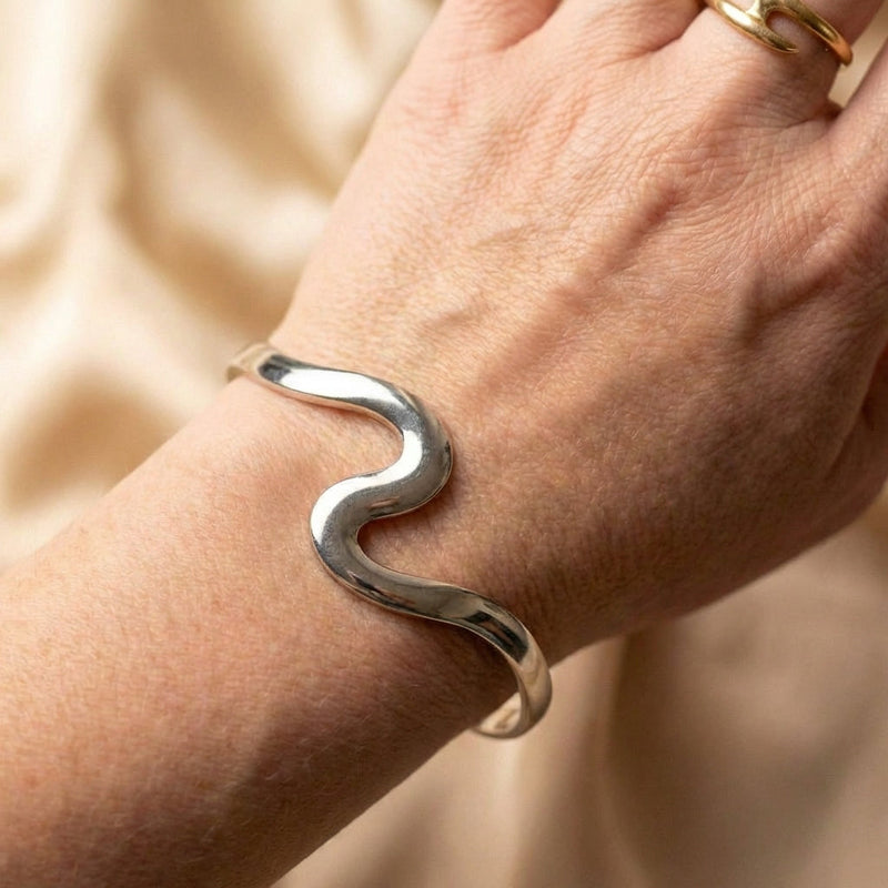 Silver Twist Cuff Wavy Open Bracelet