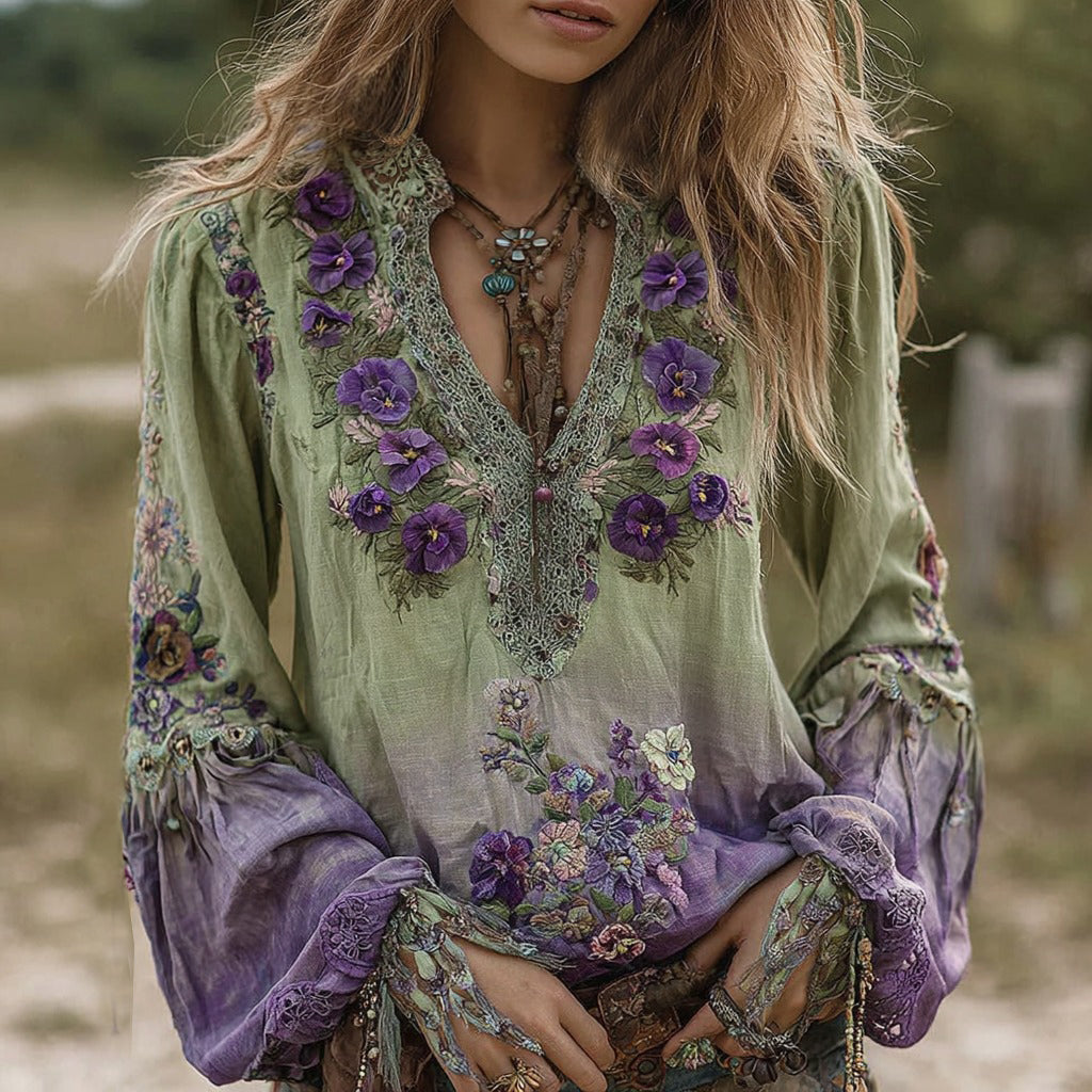 Comstylish Vintage Classy Gradient Purple Pansy Embroidered Art Linen Long Sleeve Blouse