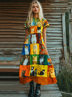 Comstylish Pop Art Cute Cat Patchwork Design Cotton Linen Dress