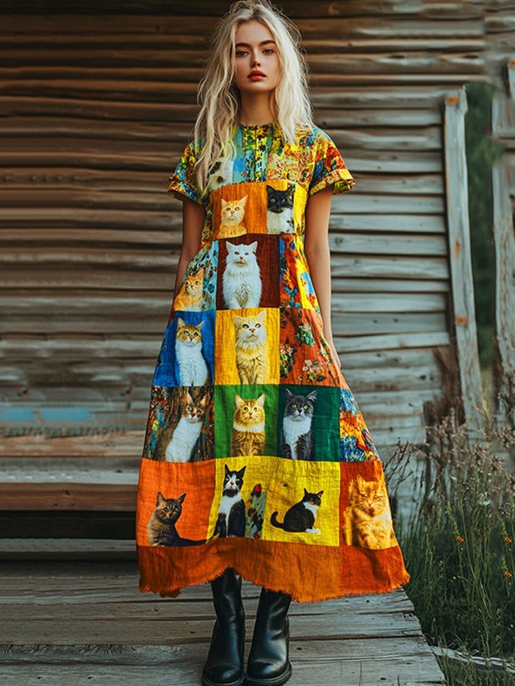 Comstylish Pop Art Cute Cat Patchwork Design Cotton Linen Dress