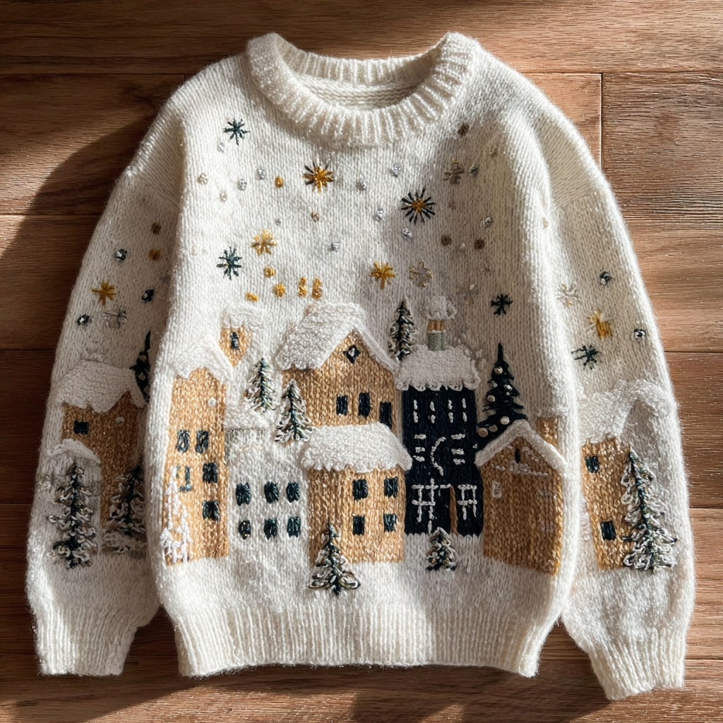 Vintage Christmas Village And Snowflakes Knit Cozy Sweater artswardrobe