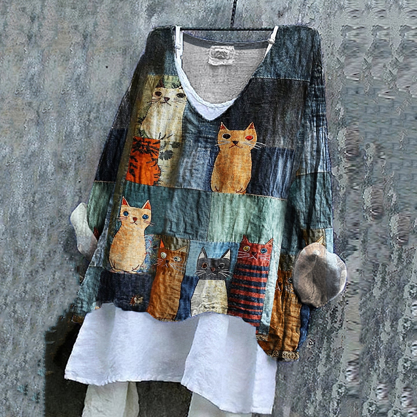 Casual Pop Cat Patchwork Cotton Linen V-neck Blouse
