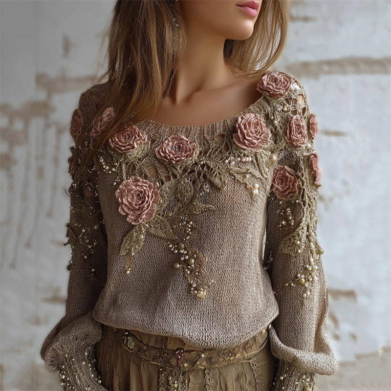 Vintage Roses Pearls Embroidered Cozy Knit Sweater artswardrobe