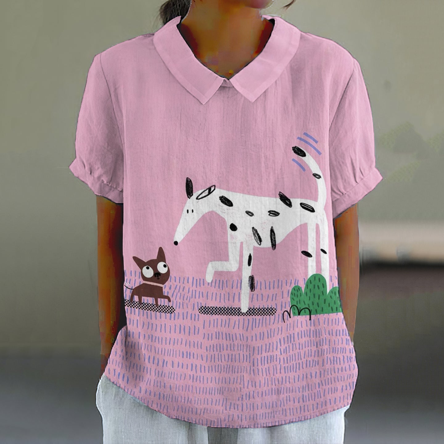 Comstylish Dog Art Print Lapel Short Sleeved Blouses