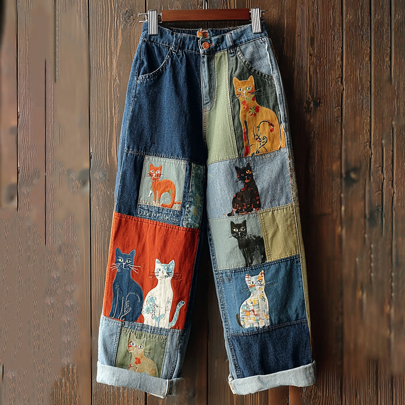 Comstylish Vintage Patchwork Cute Cat Print Contrast Jeans