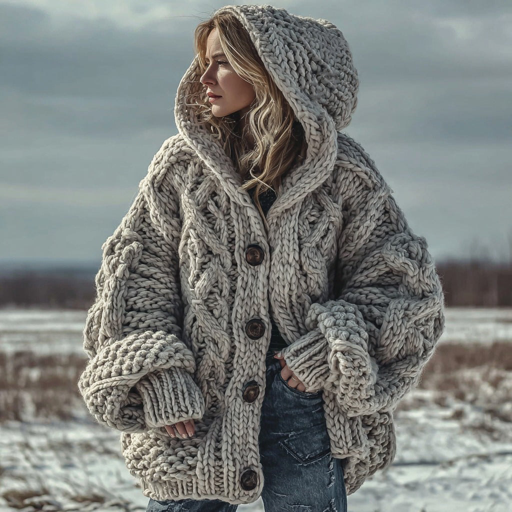 Women's Fair Isle Chunky Knit Warm Button-down Hooded Cardigan artswardrobe