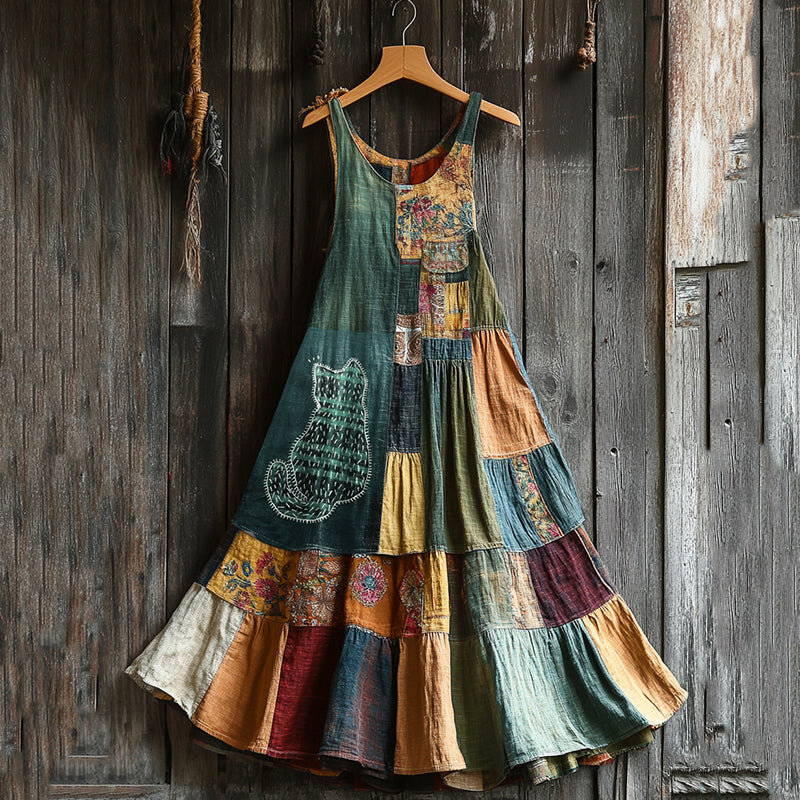 Comstylish Sashiko Cute Cat Patchwork Maxi Dress