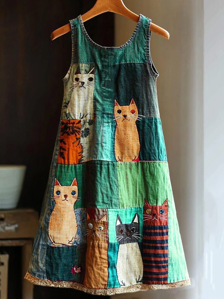 Comstylish Casual Pop Art Patchwork Denim Cat Dress