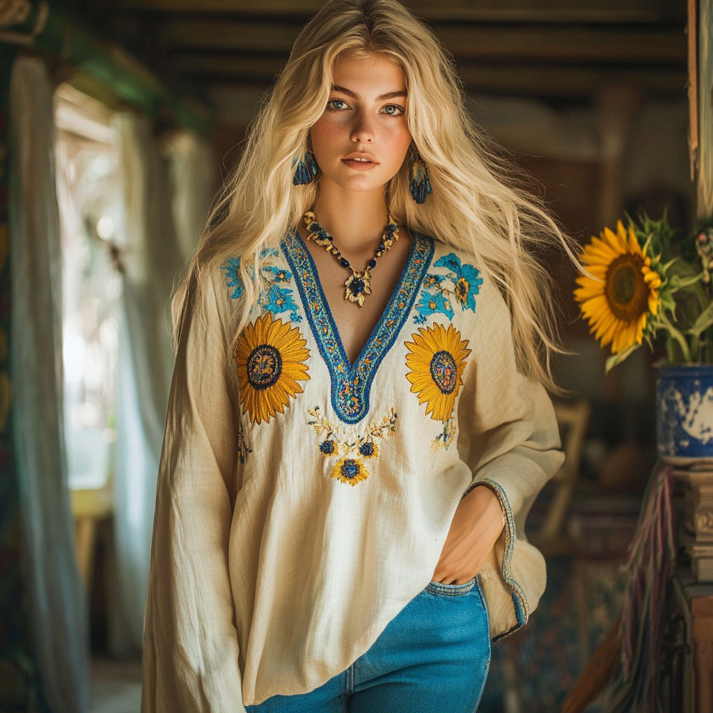 Retro Ukraine  Sunflower Embroidery Blend Linen V Neck Loose Blouse artswardrobe