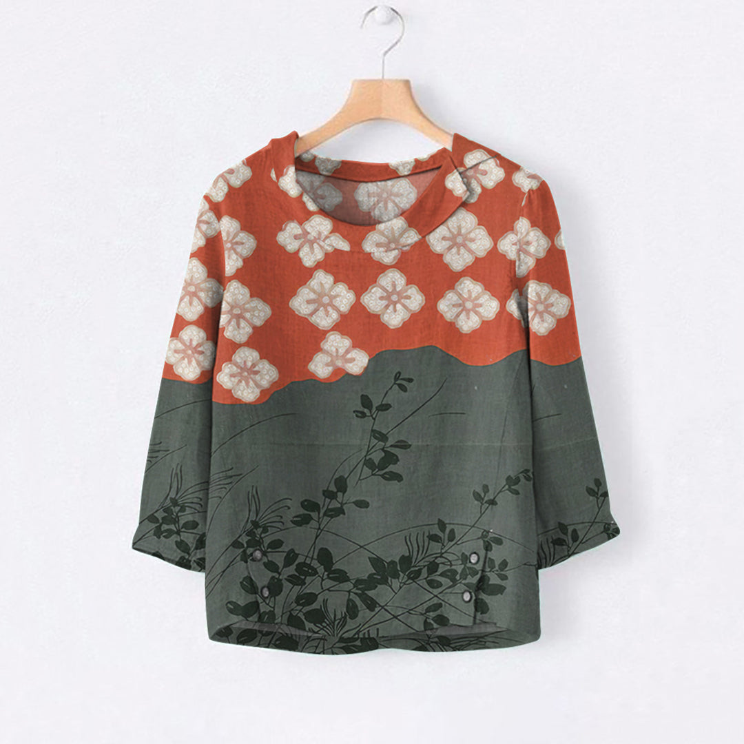 Comstylish Japanese Art Flower Print Lapel Casual Blouse