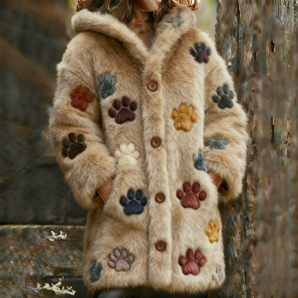 Comstylish Multi-colored Cat Paw Print Flannel Hooded Long Cardigan