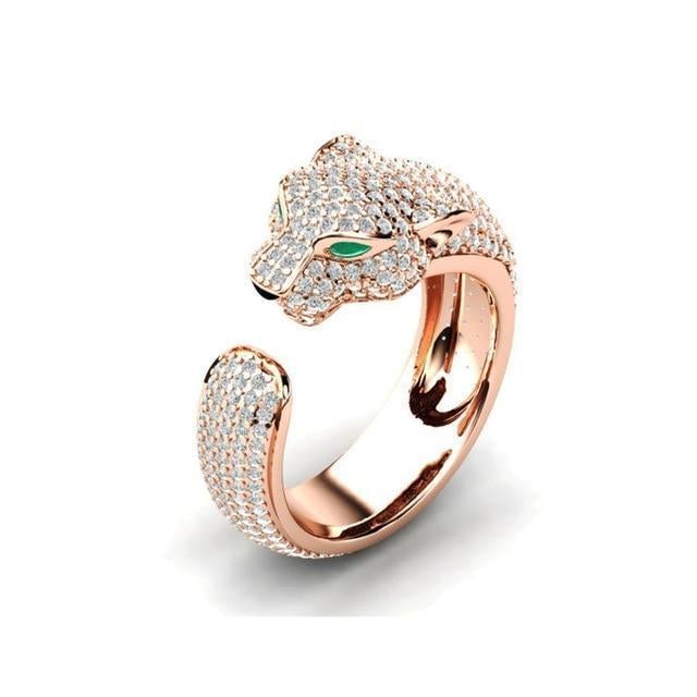 Adjustable Jaguar Ring In 18K Silver And Rose Gold With Green Zirconia Eyes