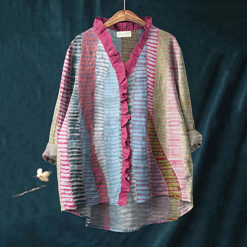 Comstylish Women's Vintage Color Block Line Art Print Casual Ruffle Trim Oversize Cotton And Linen Blouse