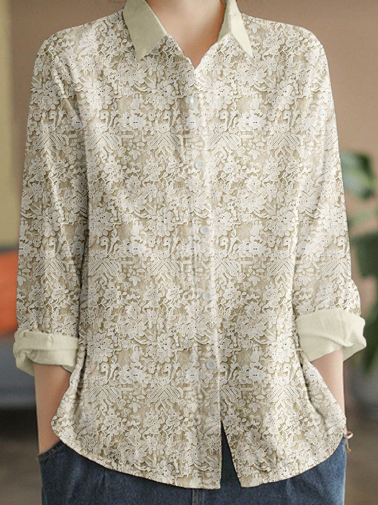 Comstylish Vintage Floral Lace Linen Blend Cottagecore Blouse