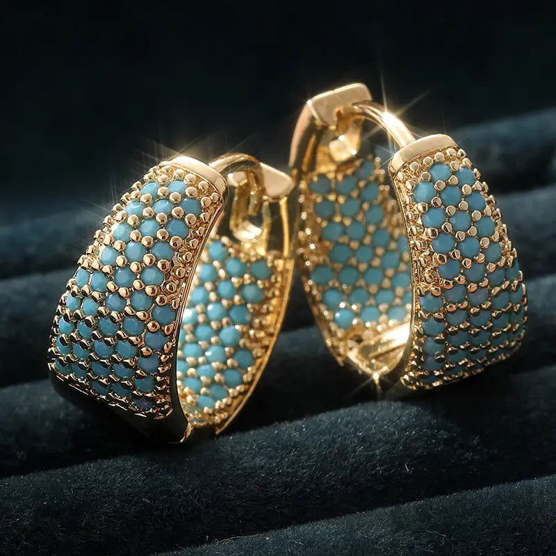 Turquoise Beaded Hoop Earrings - Gold Tone