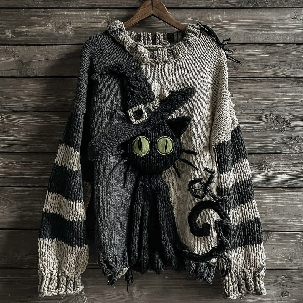 Comstylish Halloween Black Cat Striped Knitted Warm Crew Neck Sweater
