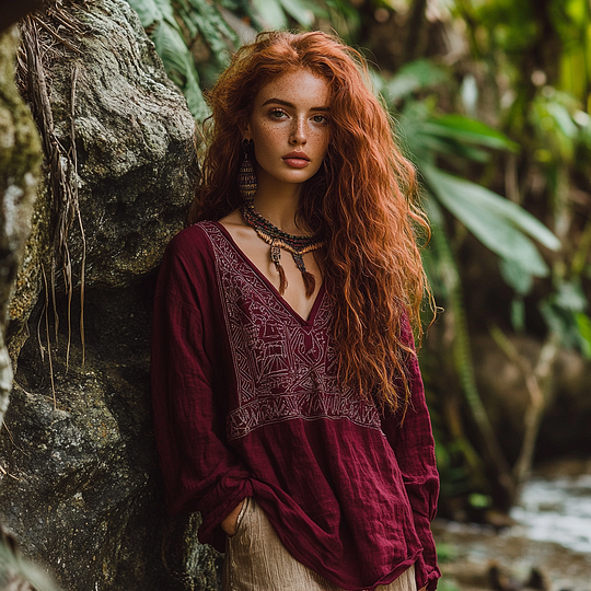 Comstylish Bohemian Tribal Embroidery Print Cotton And Linen Blend Loose Blouse