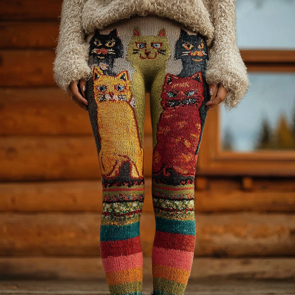 Rainbow Fun Cat Lady's Knitted Tight-fitting Leggings artswardrobe